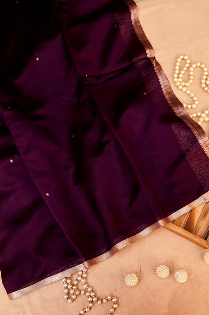 Imperial Plum Elegance – Pure Banarasi Handloom Chiniya Silk Saree in Dark Purple