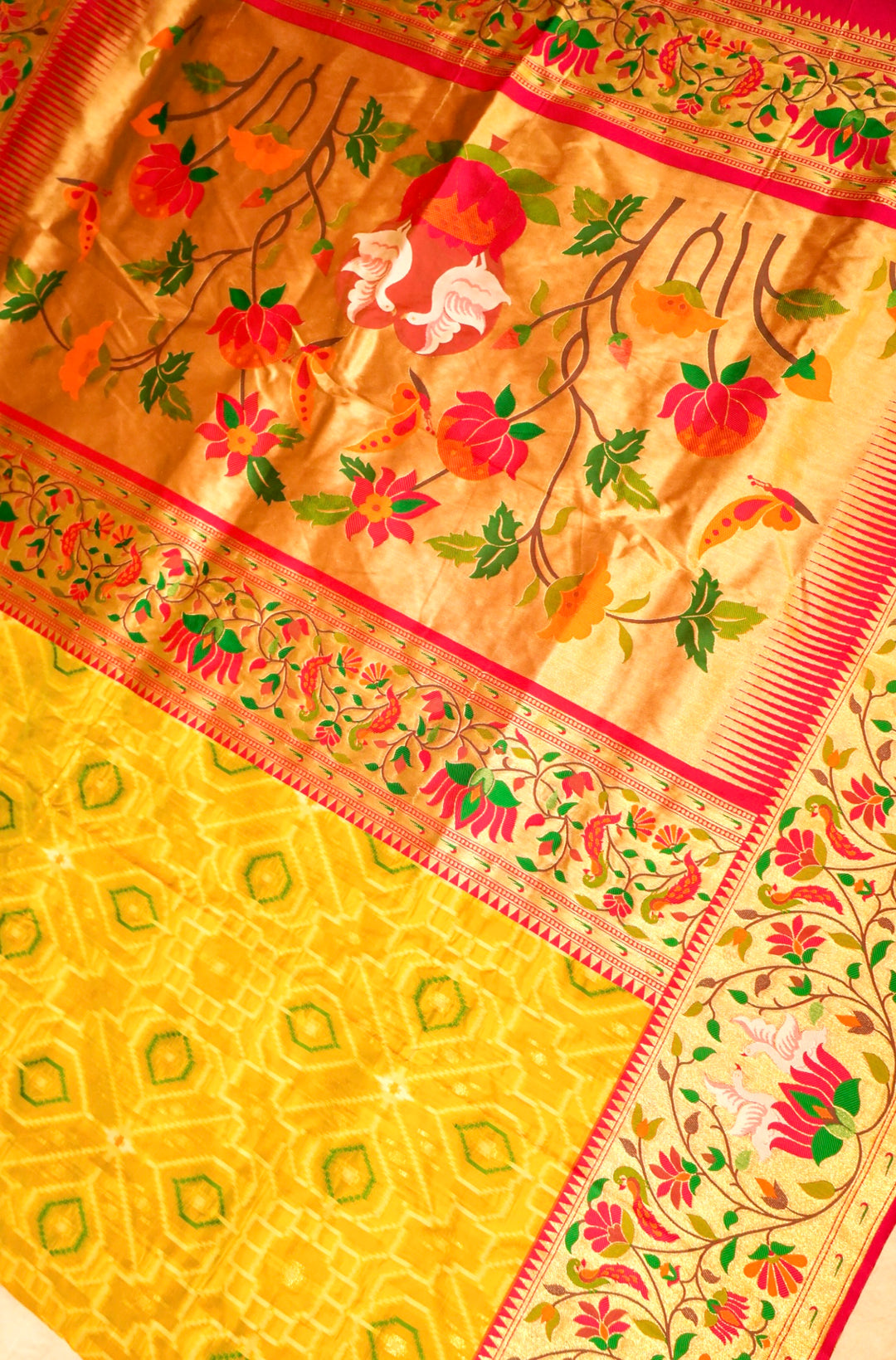 Mustard Yellow Silk Saree with Ikkat Weaving & Paithani Border Pallu