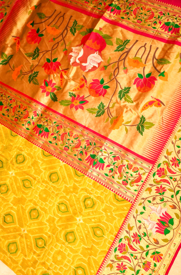 Mustard Yellow Silk Saree with Ikkat Weaving & Paithani Border Pallu