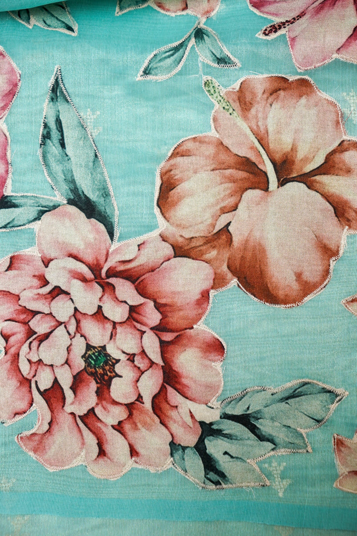 Sea Green Tissue Saree with Cross Stitch Resham Embroidery & Appliqué Work