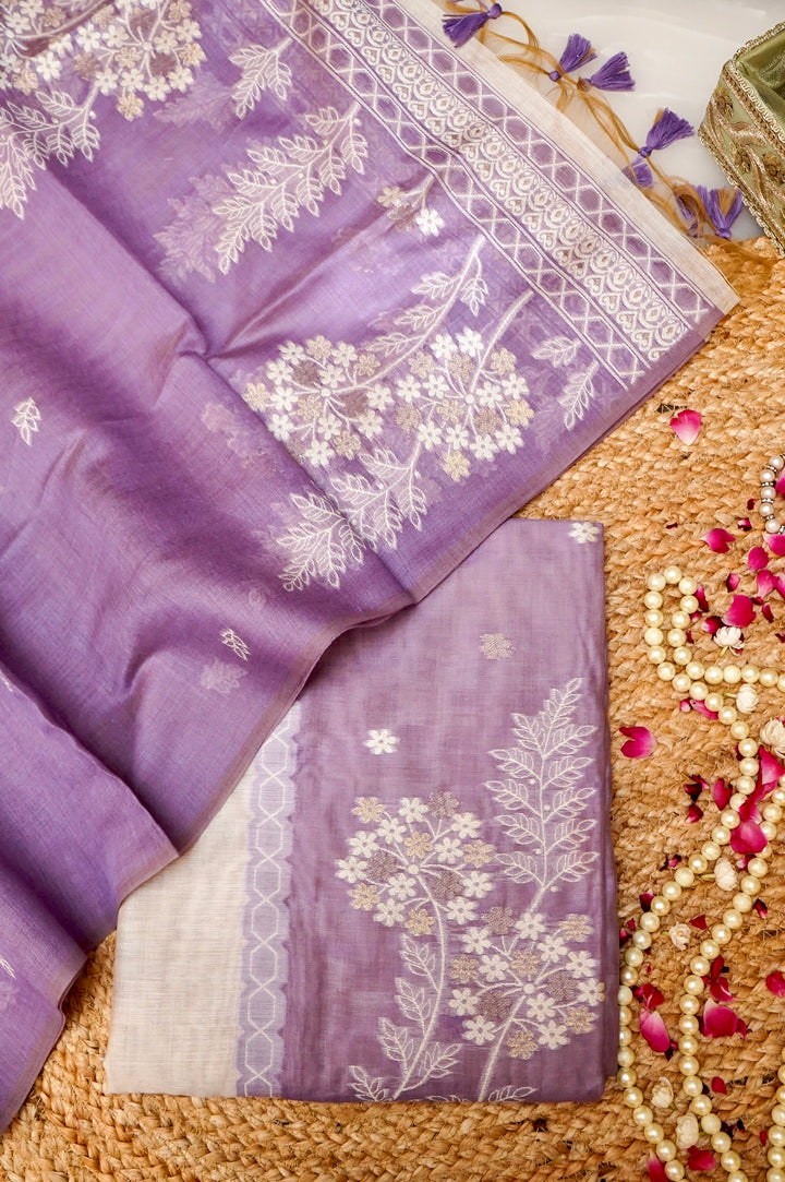 Off White &amp; Lavender Floral Woven Unstitched Suit Set