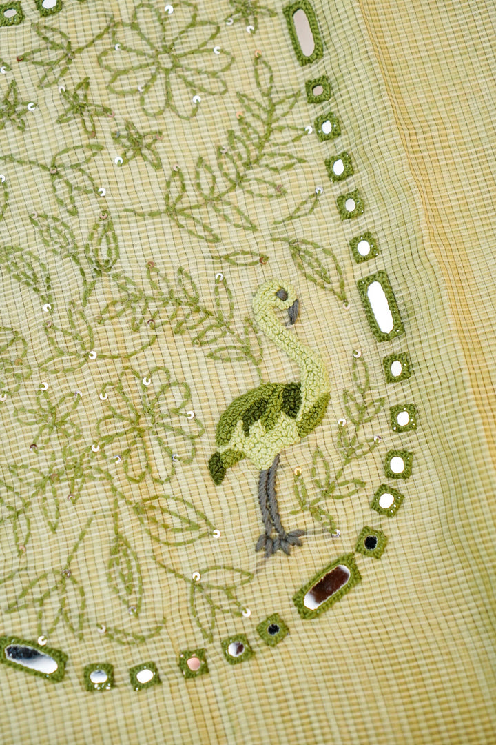 Pastel Green Pure Chanderi Kota Fabric with French Knot Thread Embroidery