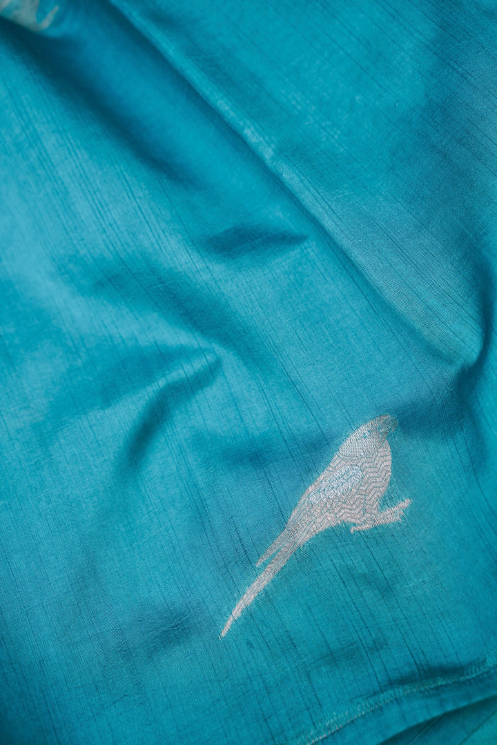 Seafoam Avian Banarasi Pure Katan Silk Birds Motif Saree View 5