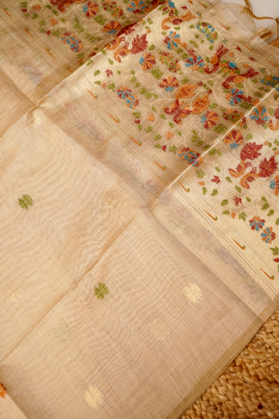 Beige Handwoven Cotton Unstitched Suit Set with Peacock Woven Dupatta