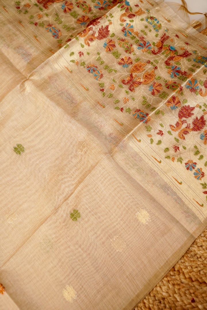 Beige Handwoven Cotton Unstitched Suit Set with Peacock Woven Dupatta