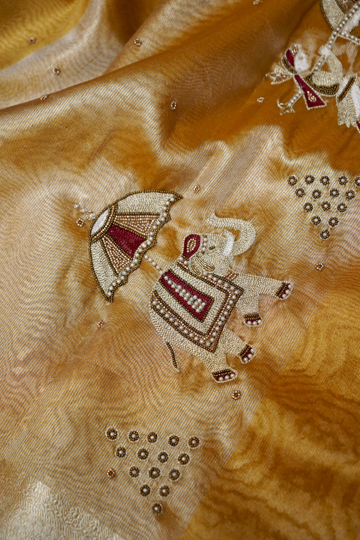 Opulent Golden Maharani Tissue Silk Saree with Gayatri Mantra &amp; Baraat Inspired Pallu