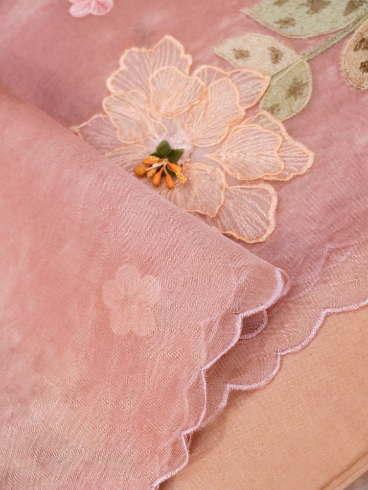Rose Gold Pure Handloom Tissue Saree with Scallop Border Placement Appliqué Embroidery View 4