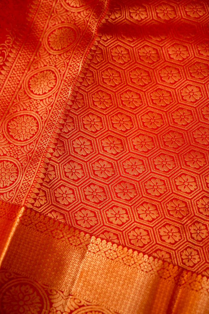 Scarlet Silk Kanjivaram Saree with Intricate Zari Brocade Weave View 5