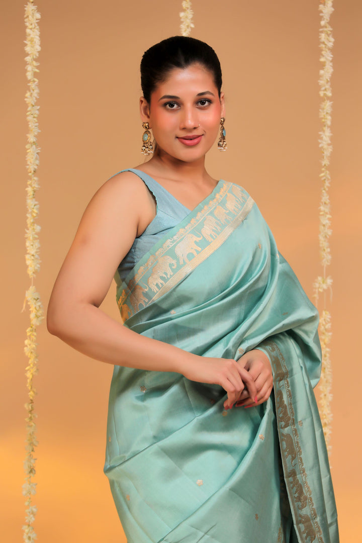 handwoven pastel green banarasi pure mashru silk elephant motif saree side view 1