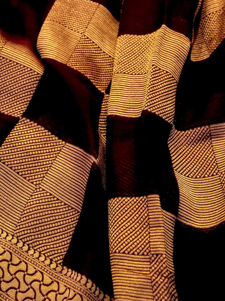 Wine Elegance Banarasi Khaddi Georgette Saree with Zari Weave Checks