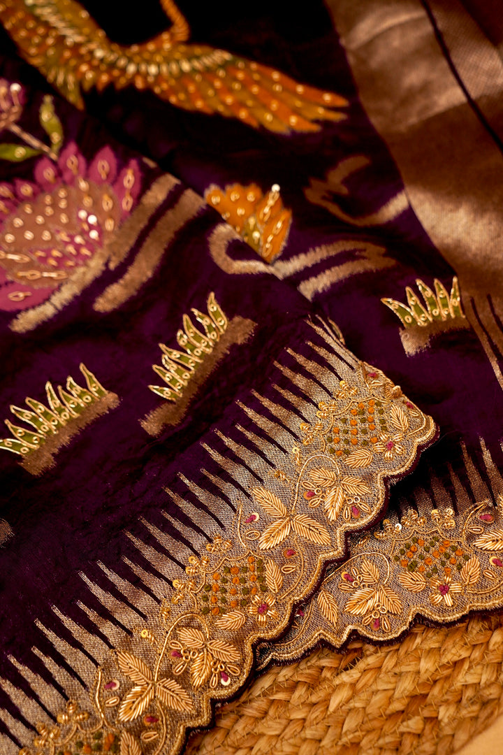 Plum Purple Pure Organza Silk Weaving Saree with Hand Zardozi Embroidery View 3