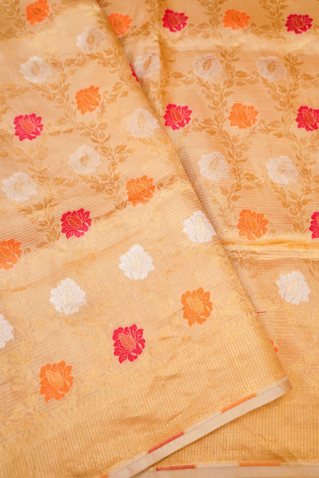 Pure Banarasi Golden Katan Tissue Silk Meenakari Jaal Saree