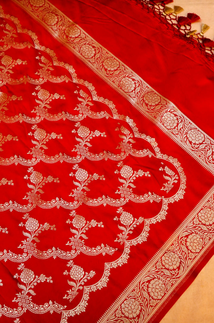 Bridal Banarasi Red Mashru Silk Suit Set with Jangla Dupatta