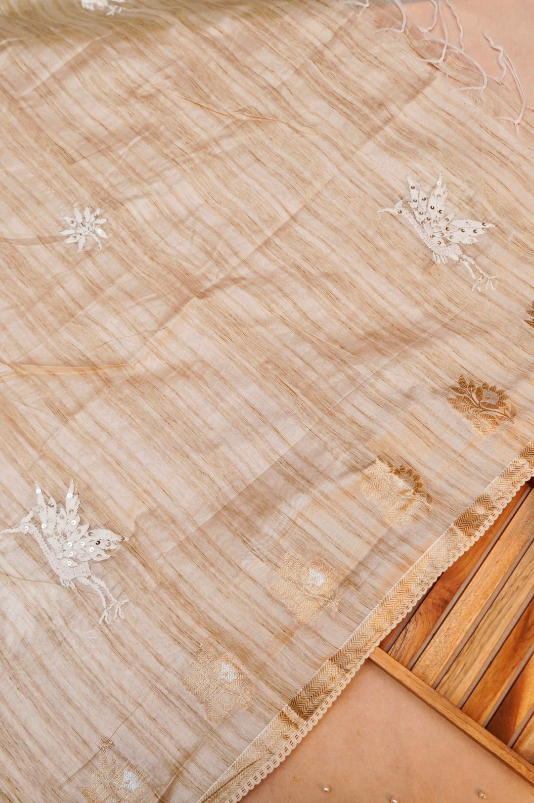 Unstitched Beige Gold Tussar Silk Suit with French Knot Thread Embroidery