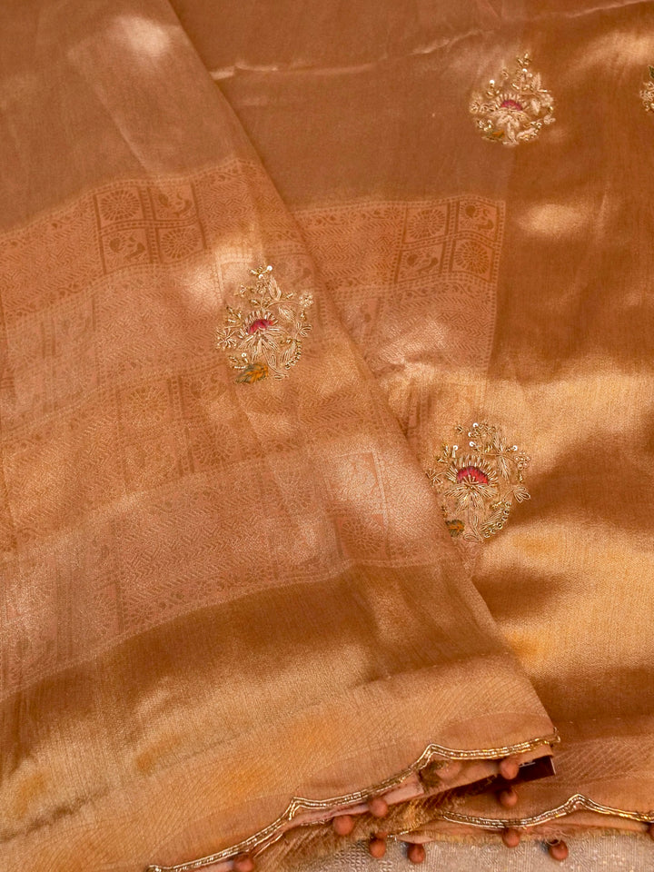 Golden Banarasi Brocade Silk Saree with Zardozi & Resham Work