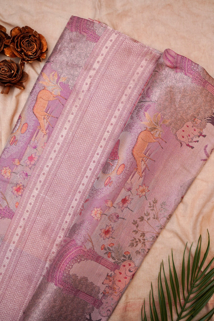 Authentic Pink Banarasi Pure Katan Silk Tanchoi Saree with Handcrafted Figure Patterns
