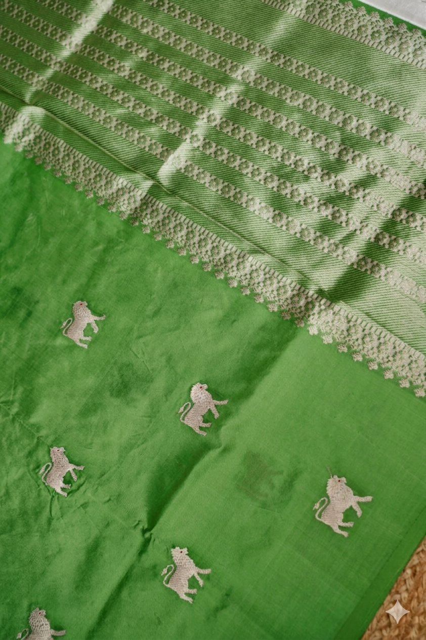 Fresh Grass Green Handwoven Banarasi Pure Puna Silk Saree with Zari Lion Motif