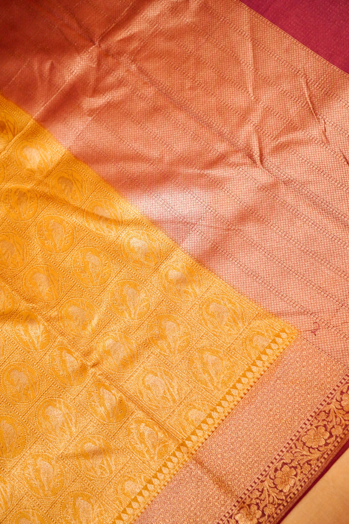 Handwoven Banarasi Pure Yellow Chanderi Silk Saree with Magenta Contrast Border