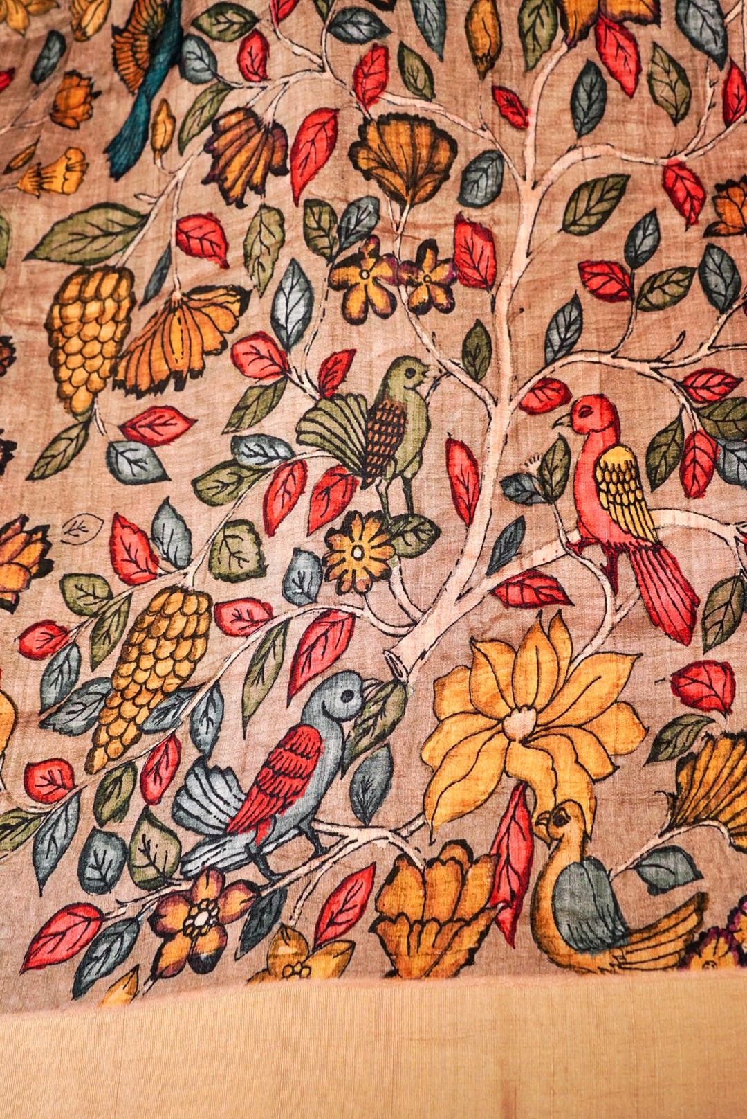 Tan Brown Tussar Silk Saree with Kalamkari Floral and Figure Print