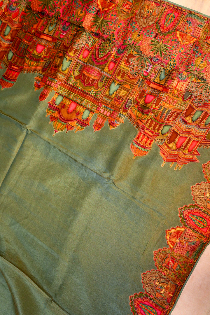 Meadow Mist Sage Green Crepe Silk Saree with Resham Woven Meenakari Pallu and Border