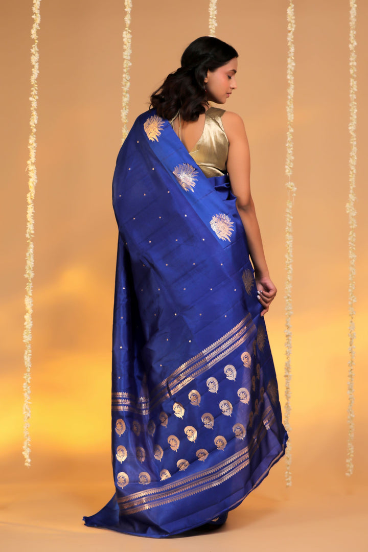 handwoven royal blue banarasi pure mashru silk leopard motif raw mango saree back view