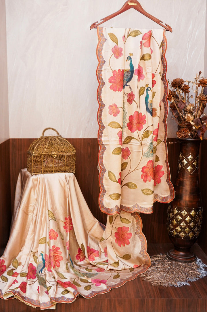 Cream Crepe Silk Saree with Meenakari Floral Body &amp; Peacock Motif Pallu