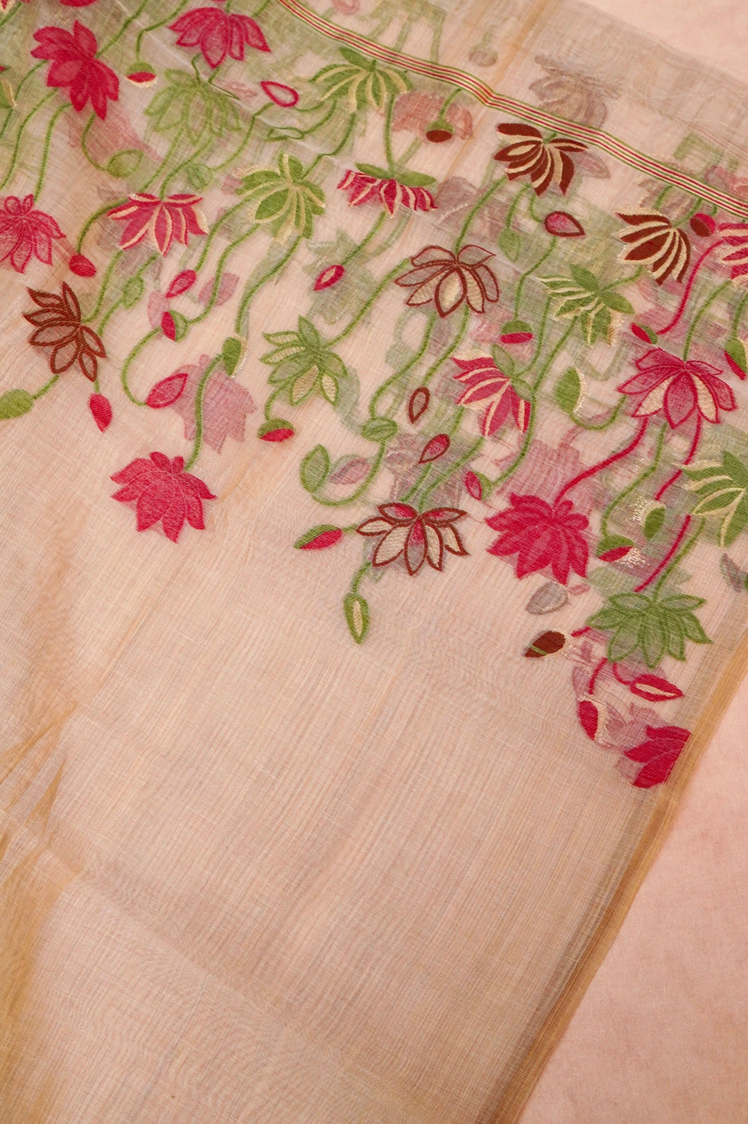Beige Gold Cotton Silk Ensemble Adorned with Fine Thread Embroidery