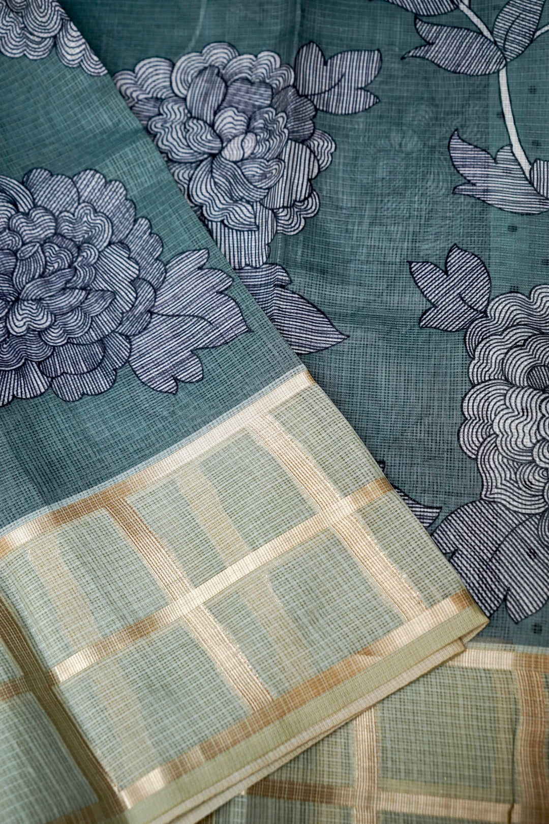 Teal Green Kota Check Saree with Printed Body and Zari Weave Check Border View 3