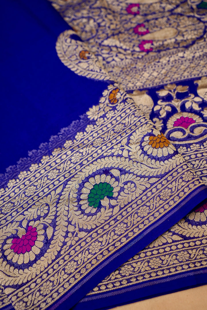 Royal Blue Banarasi Khaddi Chiffon Konia Pallu Meenakari Saree View 5