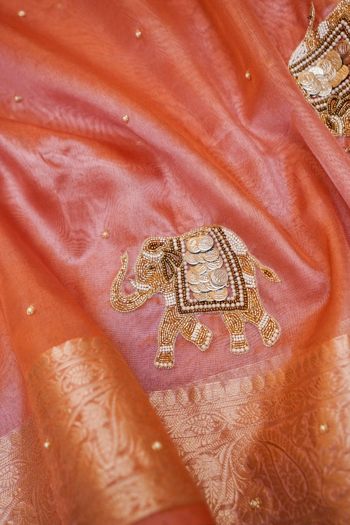 Maharani Tissue Silk Elephant Motif Hand Embroidery Saree