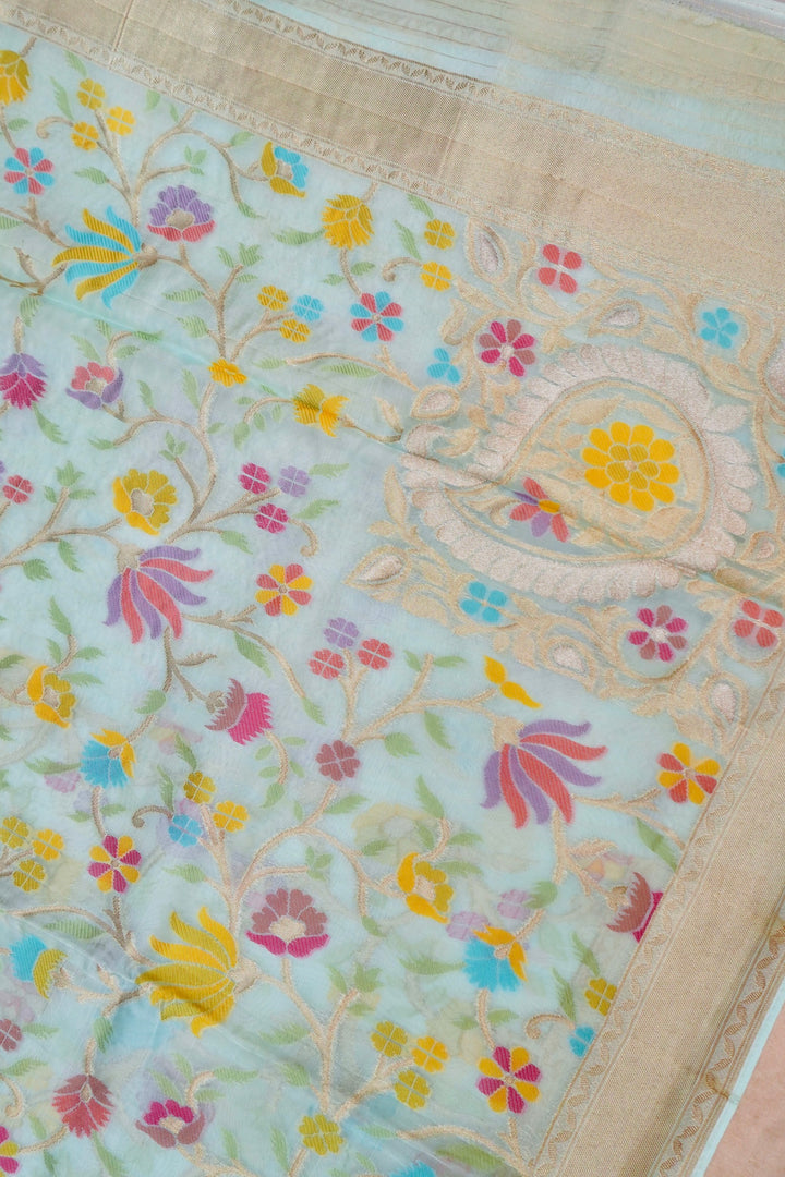 Elegant Serenity Powder Blue Kora Silk Saree with Tilfi Zari & Meenakari Jaal Weave