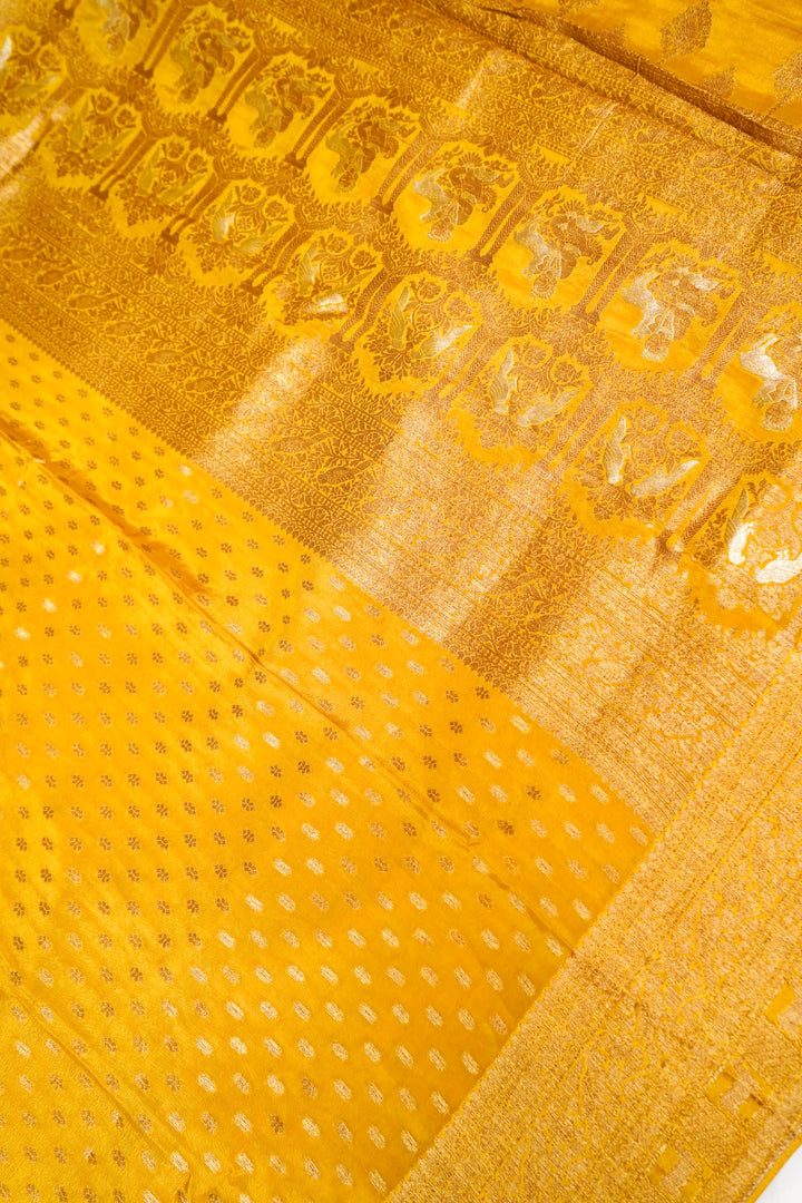 Antique Zari Weave Yellow Haldi Wear Pure Chinon Georgette Pichwai Saree