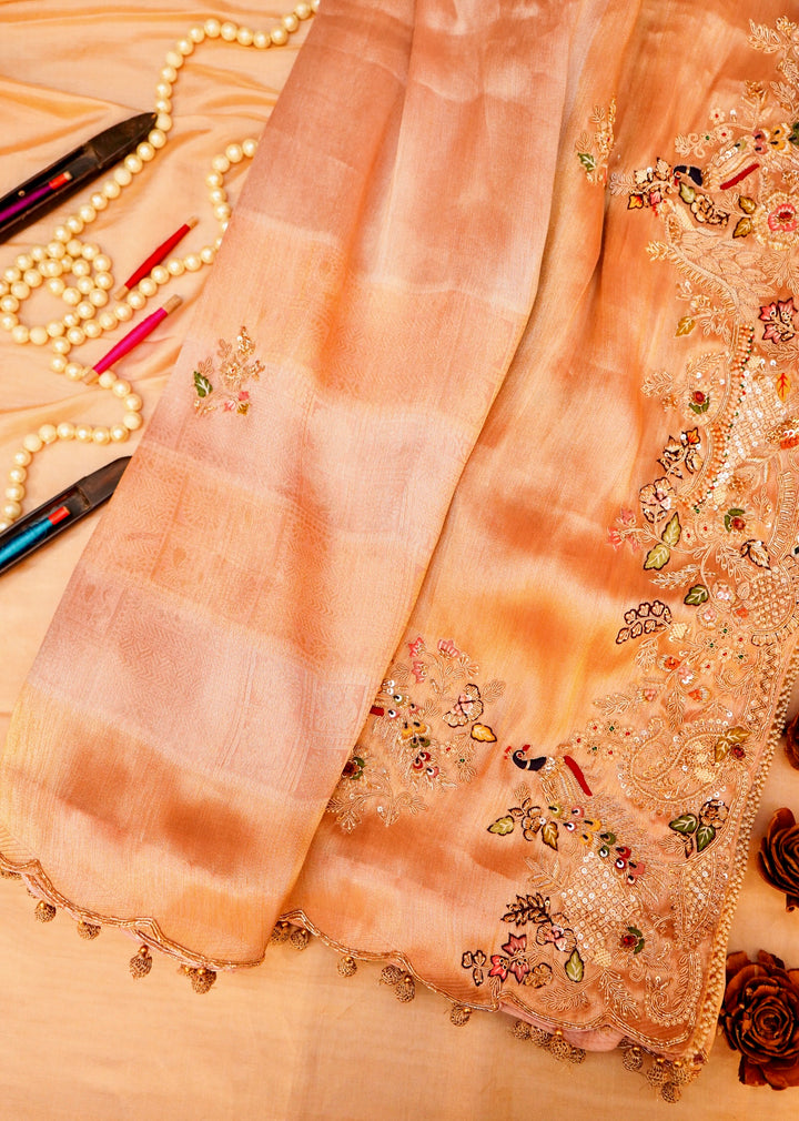 Banarasi Brocade Silk Saree with Zardozi Meenakari Hand Embroidery & Scallop Border