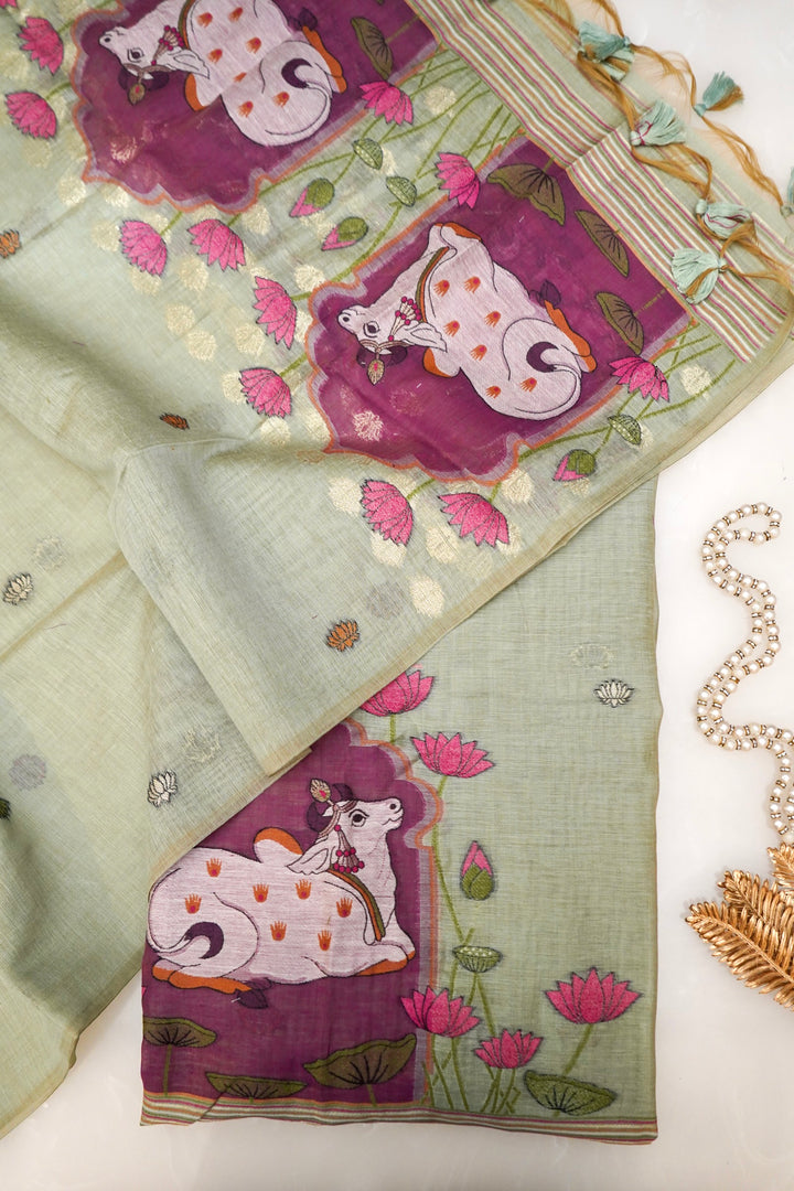 Elegant Pastel Green Pichwai Cotton Silk Suit Set