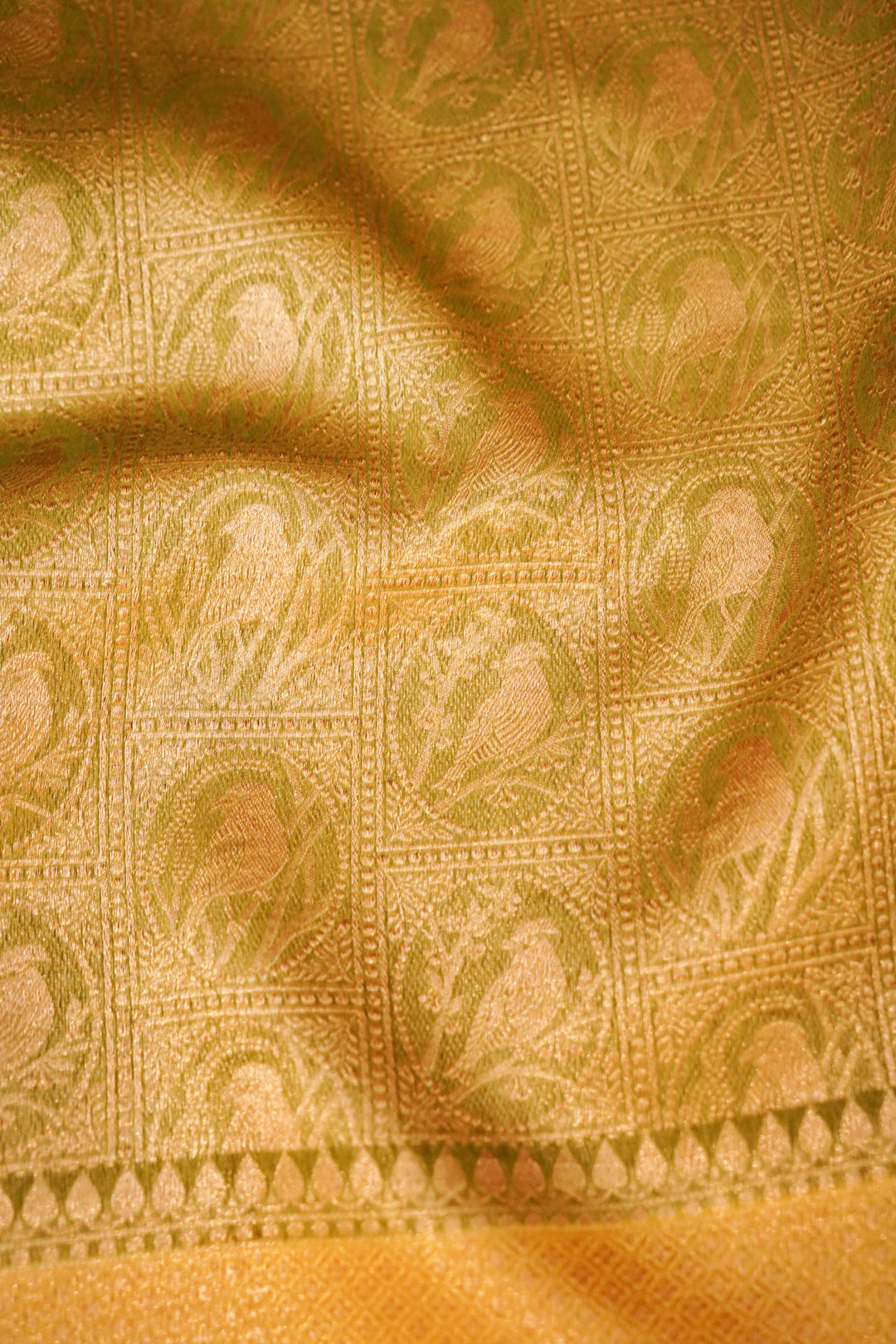 Handwoven Banarasi Pure Olive Green Chanderi Silk Saree with Yellow Contrast Border