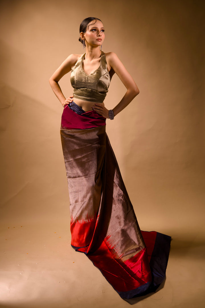 Contemporary Banarasi Brocade Silk Chevron Designer Saree in Metallic Tones View 6
