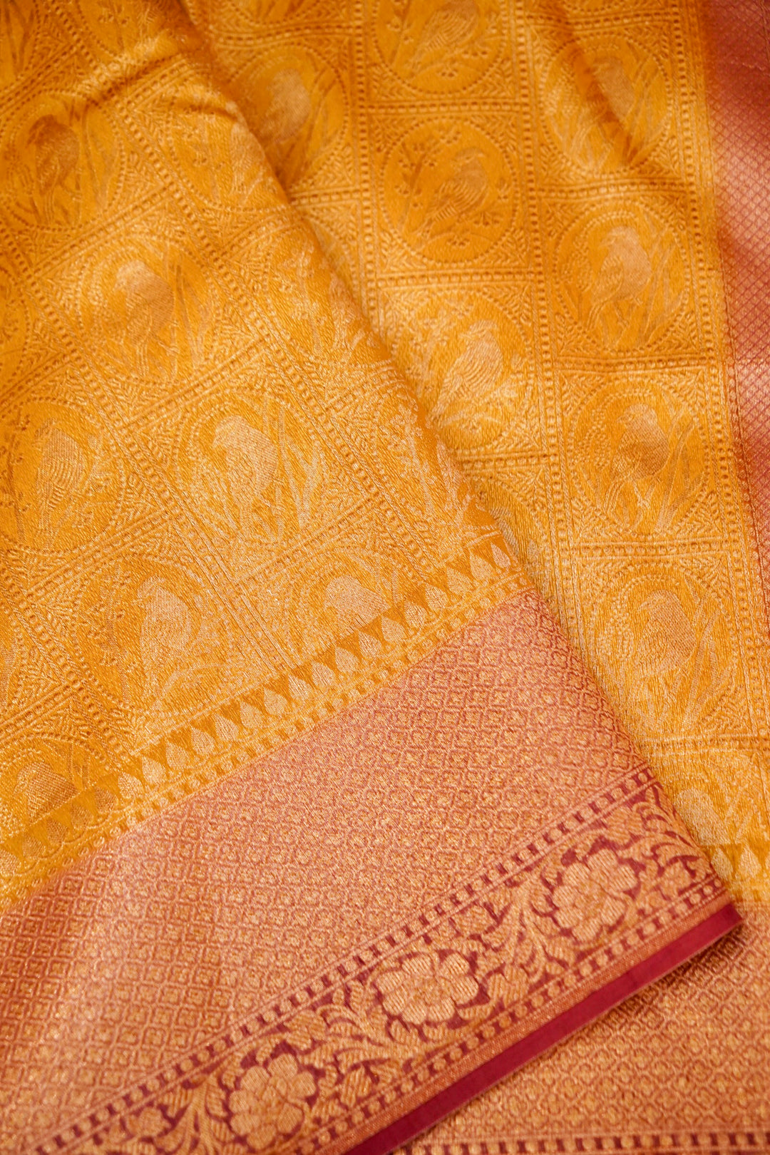 Handwoven Banarasi Pure Yellow Chanderi Silk Saree with Magenta Contrast Border