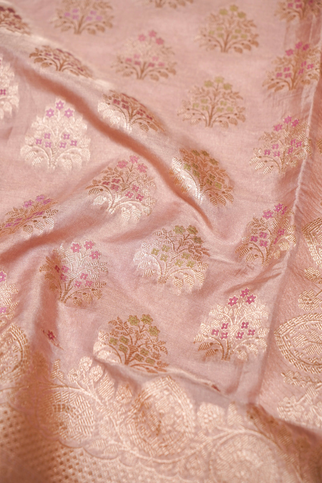 Rose Gold Handloom Pure Banarasi Katan Tissue Silk Saree with Meenakari Weaving