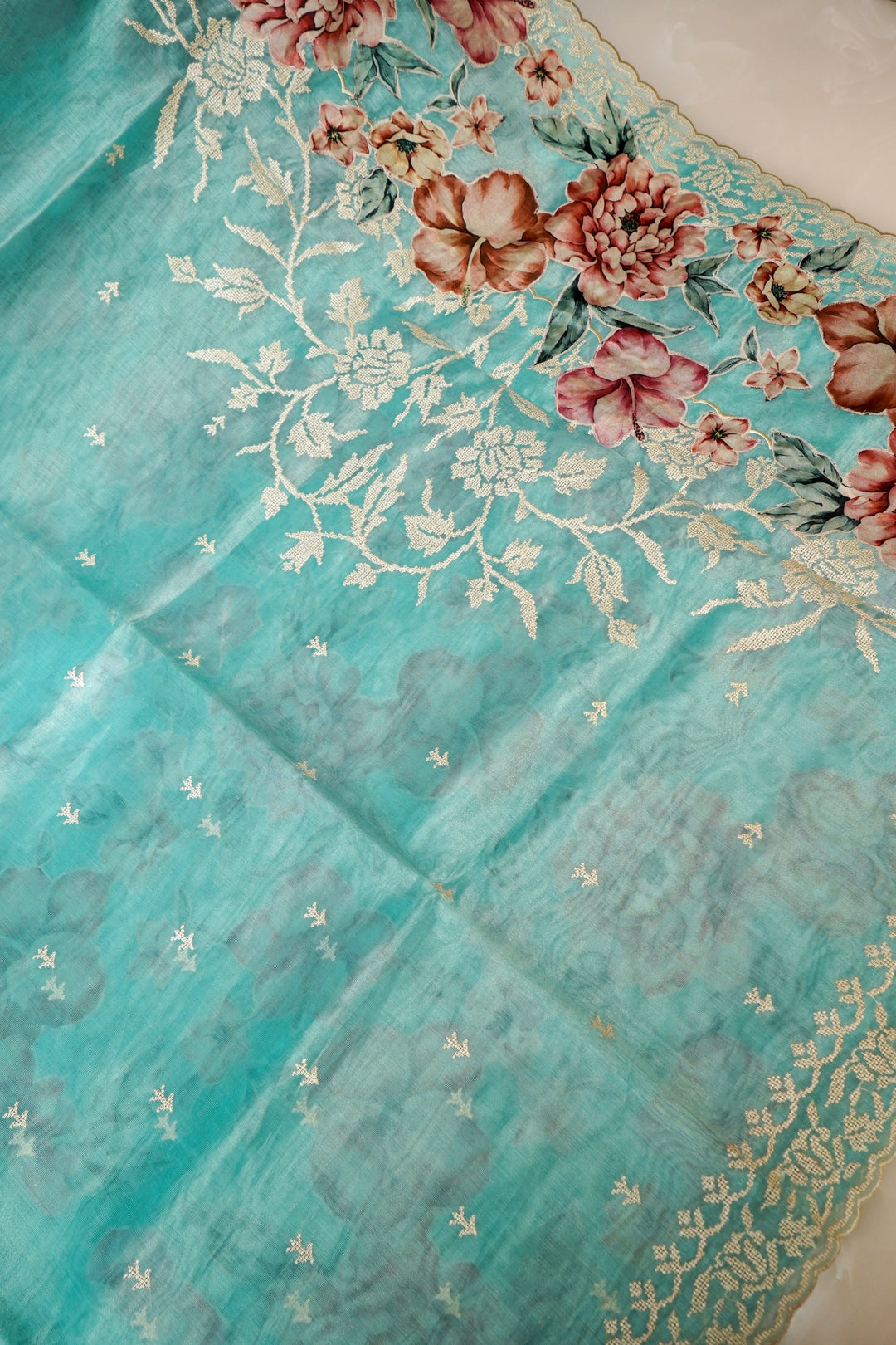 Sea Green Tissue Saree with Cross Stitch Resham Embroidery & Appliqué Work