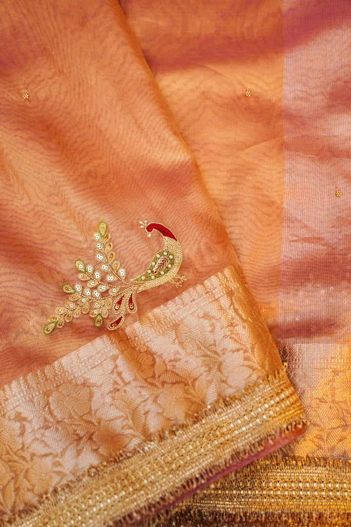 Eternal Grace Copper Gold Tissue Silk Saree with Peacock Motifs