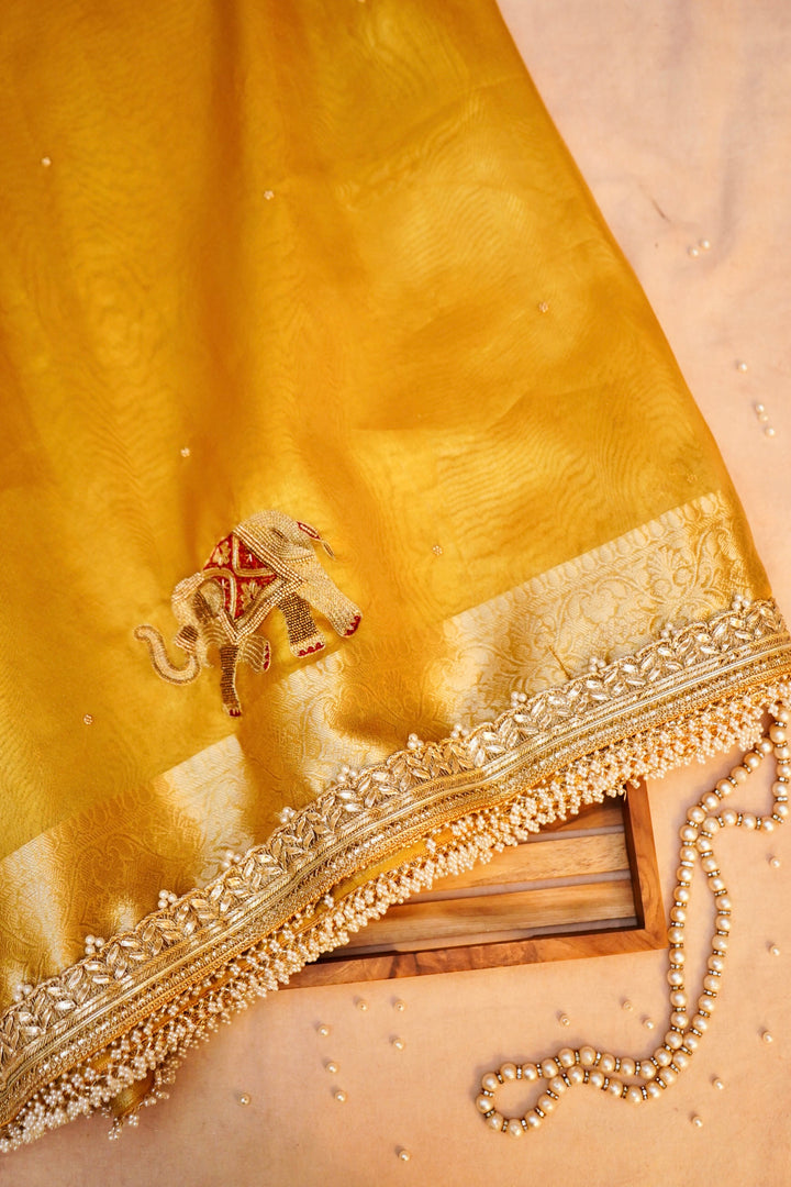 Golden Maharani Tissue Silk Saree with Gajanand Motif Embroidery
