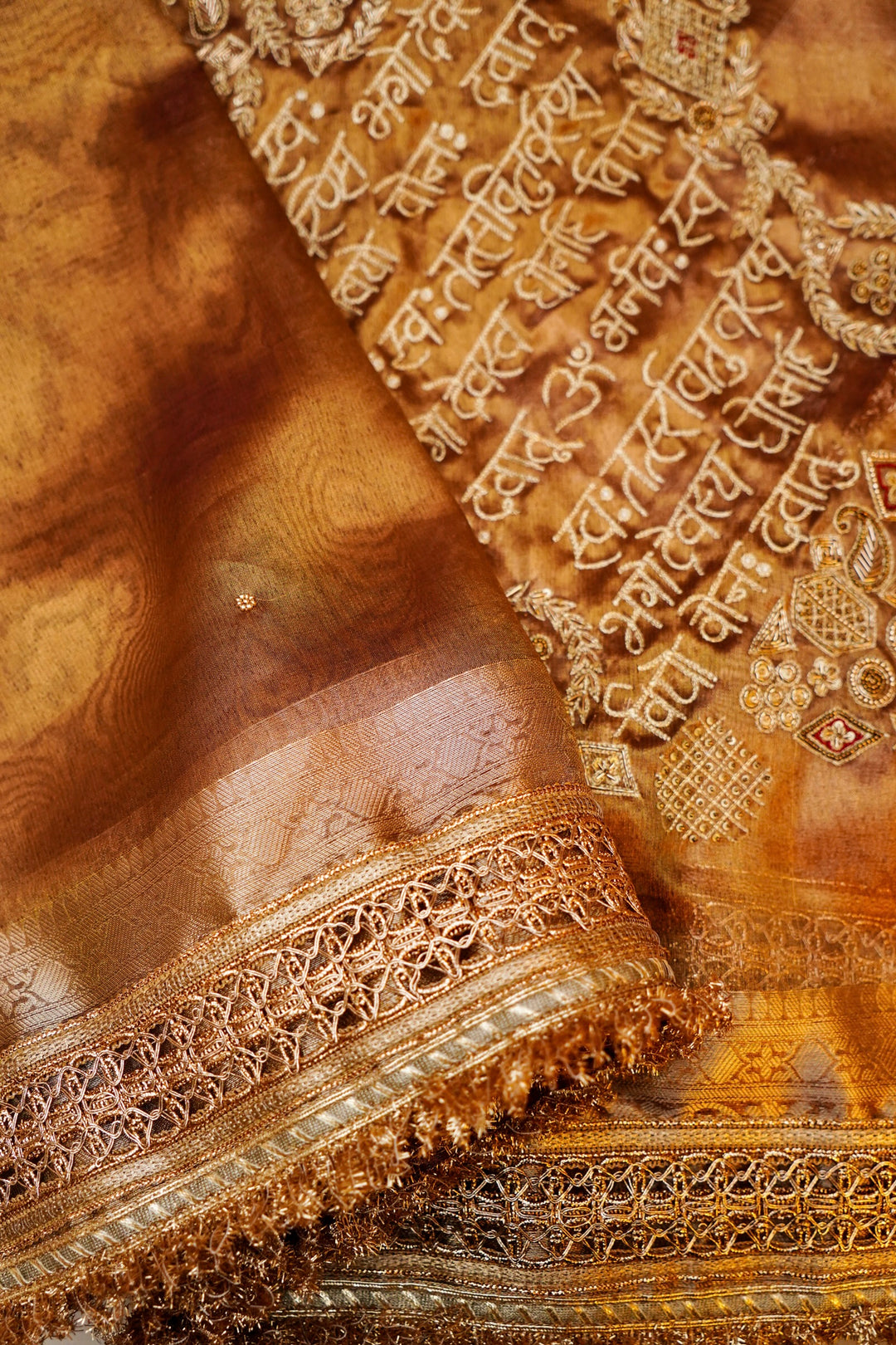 Copper Brown Banarasi Maharani Tissue Silk Saree with Gayatri Mantra Pallu & Scallop Border