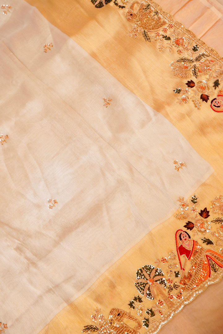 Silver Pure Katan Tissue Saree with Meenakari Zardozi Embroidery