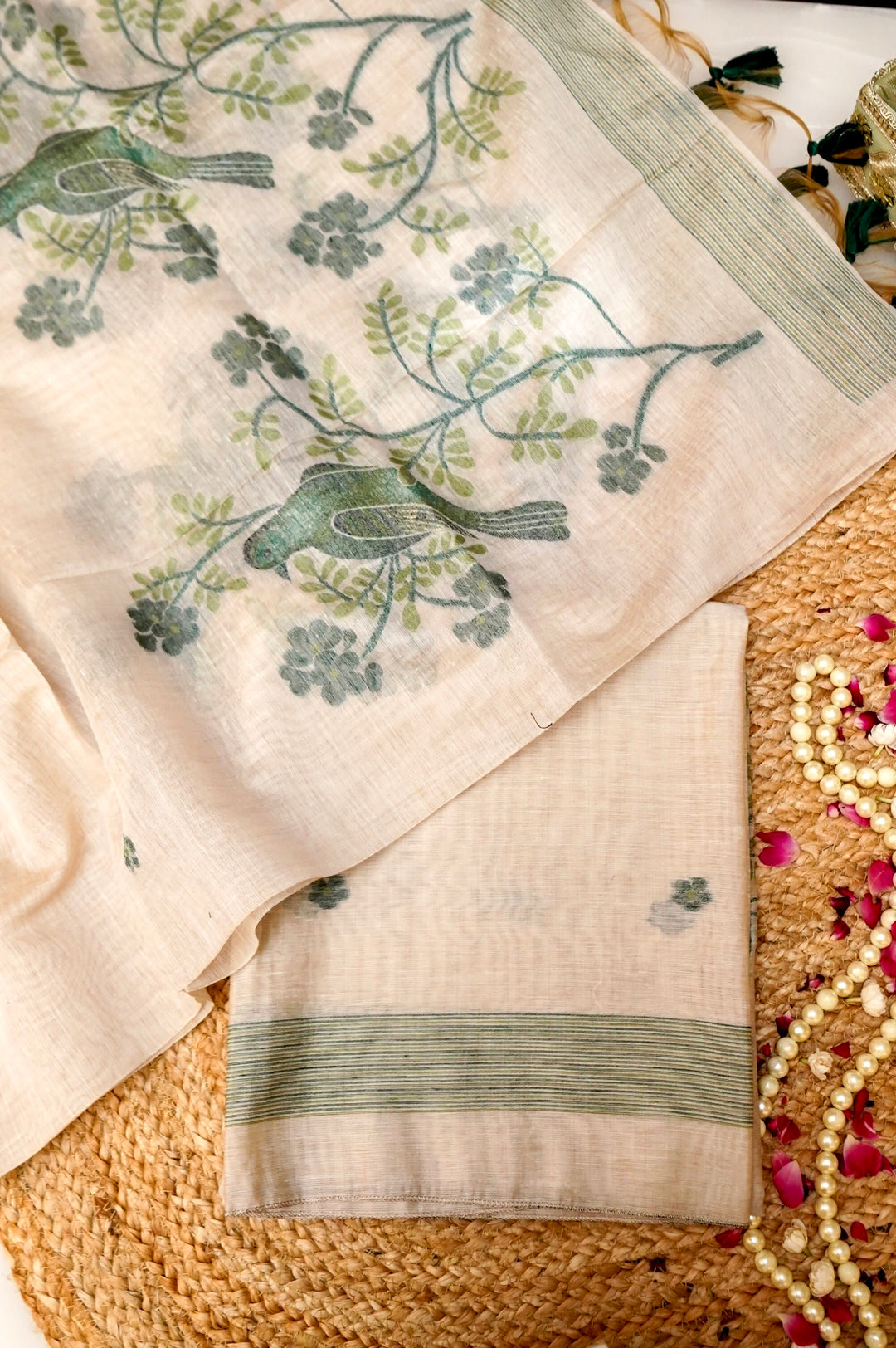 Off White Floral Woven Unstitched Suit Set with Bird Motif Dupatta in Soothing Green Tones