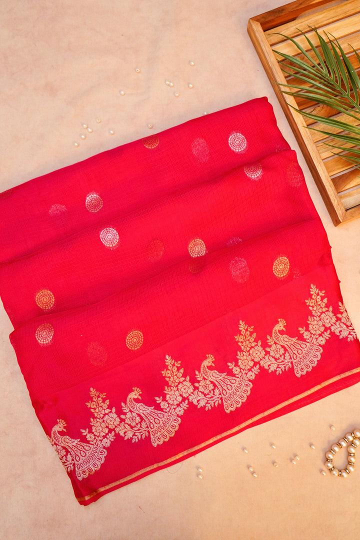 Pink Bridal Kota Check Saree with Birds Motif Silk Border