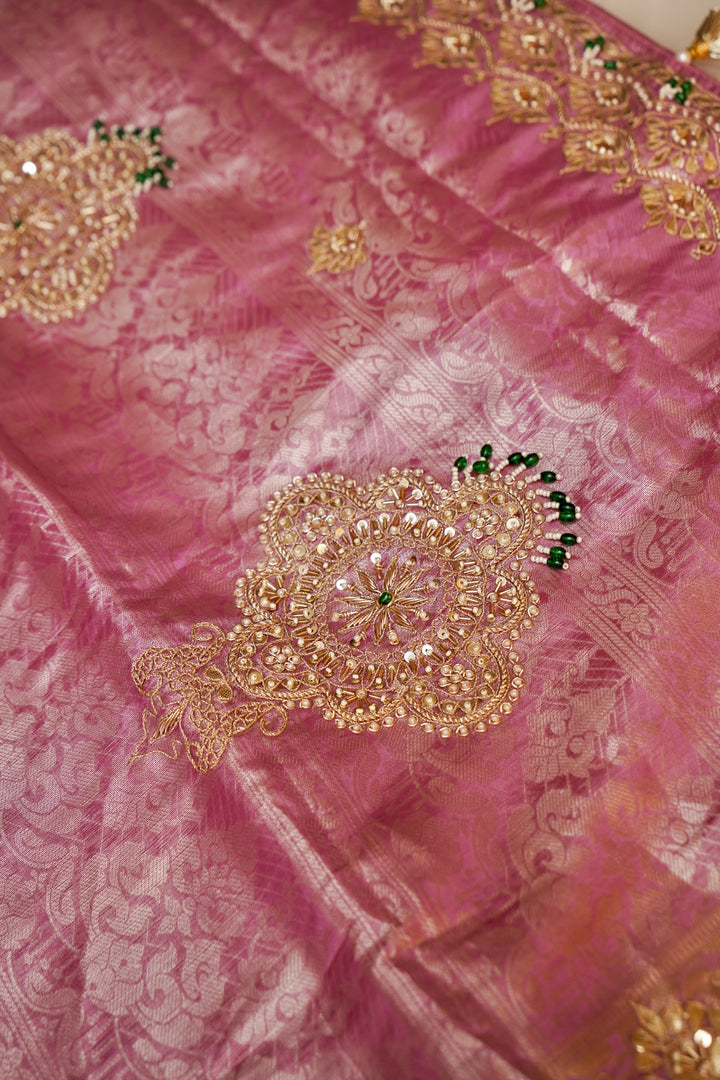 Baby Pink Designer Banarasi Brocade Tissue Saree with Hand Embroidery
