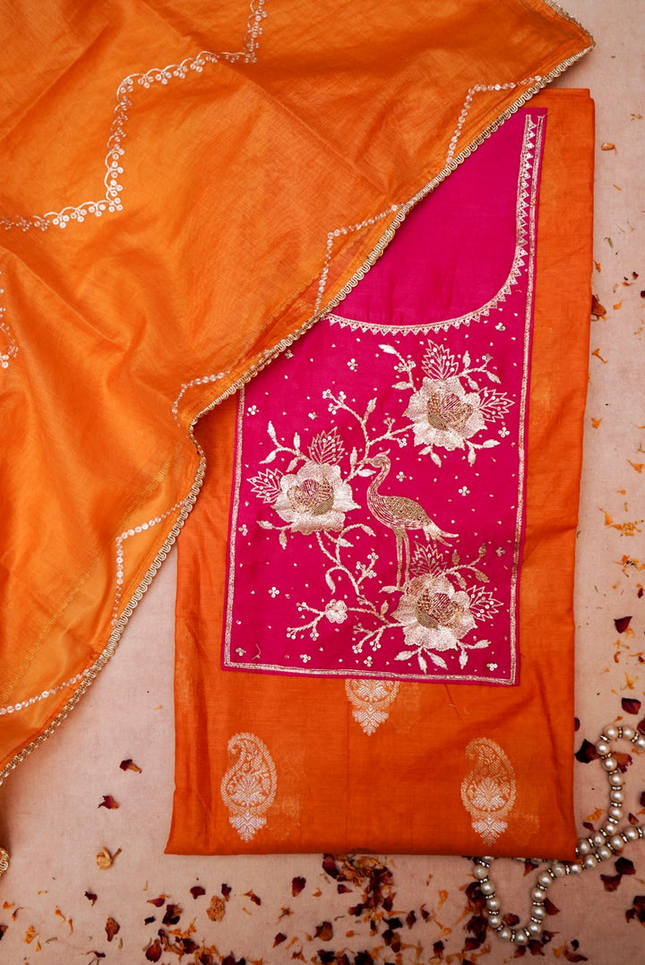 Orange Pure Mul Silk Suit with pitta zari hand embroidery Work