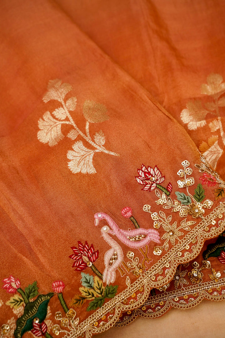 Beige Gold and Orange Lehenga Pattern Half Half Tissue Silk Meenakari Embroidery Saree View 5