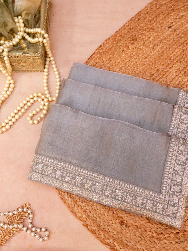 Silver Grey Pure Katan Tissue Saree with Pitta Zari Sequin Border and Heavy Embroidered Georgette Blouse View 1