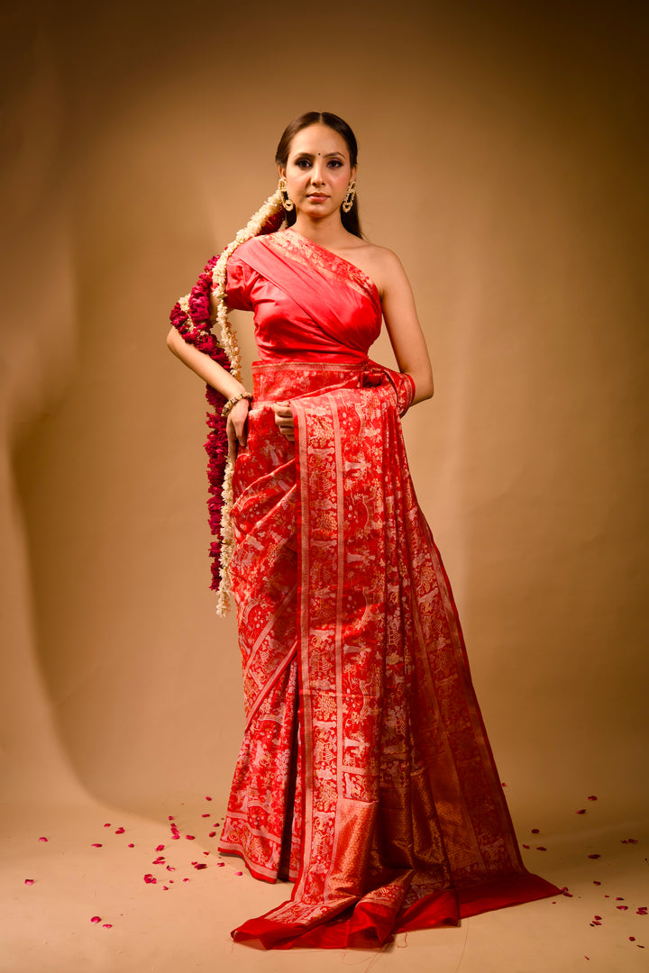Aalia Bhatt Inspired Red Parsi Gara Banarasi Weaves Cheena Cheeni Heritage Bridal Saree View 7